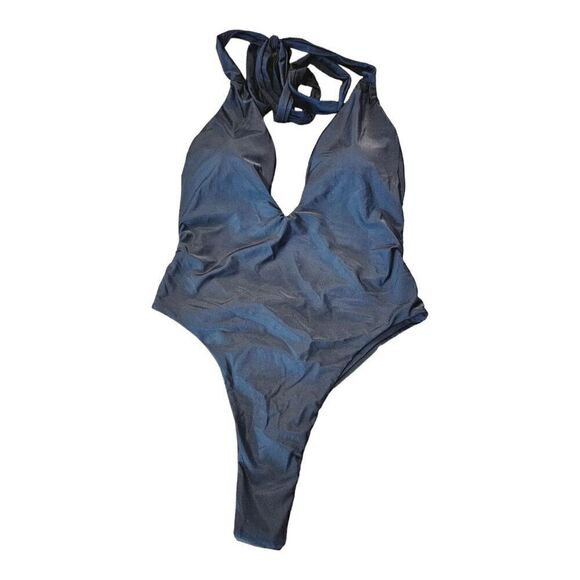 Lilosy Womens Black Halter Deep V-Neck Wrap Tie Waist One-Piece Swimsuit Size L - Picture 14 of 14